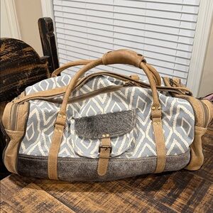 Myra Bag Stylish Cowhide Tan and Gray Travel Duffle Bag